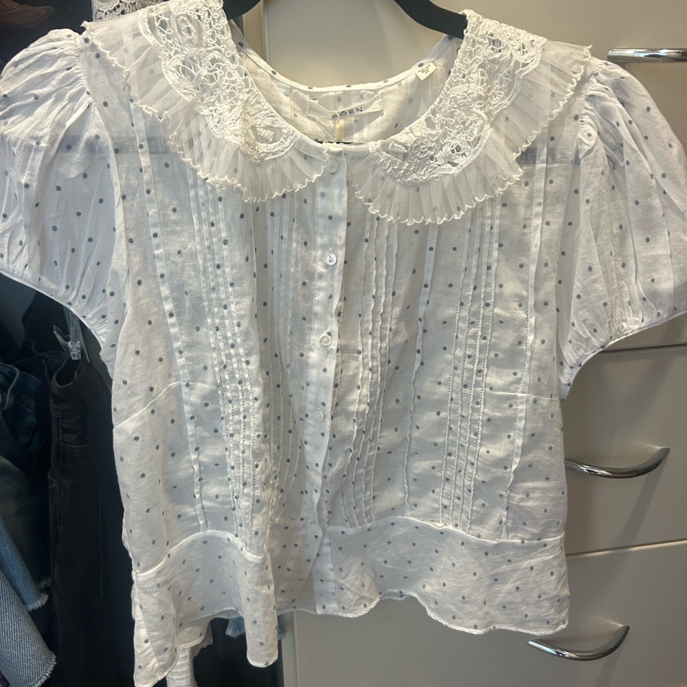 NWT Doen Oleta White Eyelet Dot Lace-Collar Button Blouse